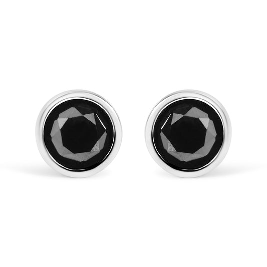 .925 Sterling Silver Round Brilliant-Cut Black Diamond Bezel-Set Stud Earrings with Screw Backs (Fancy Color-Enhanced, I2-I3 Clarity)-0