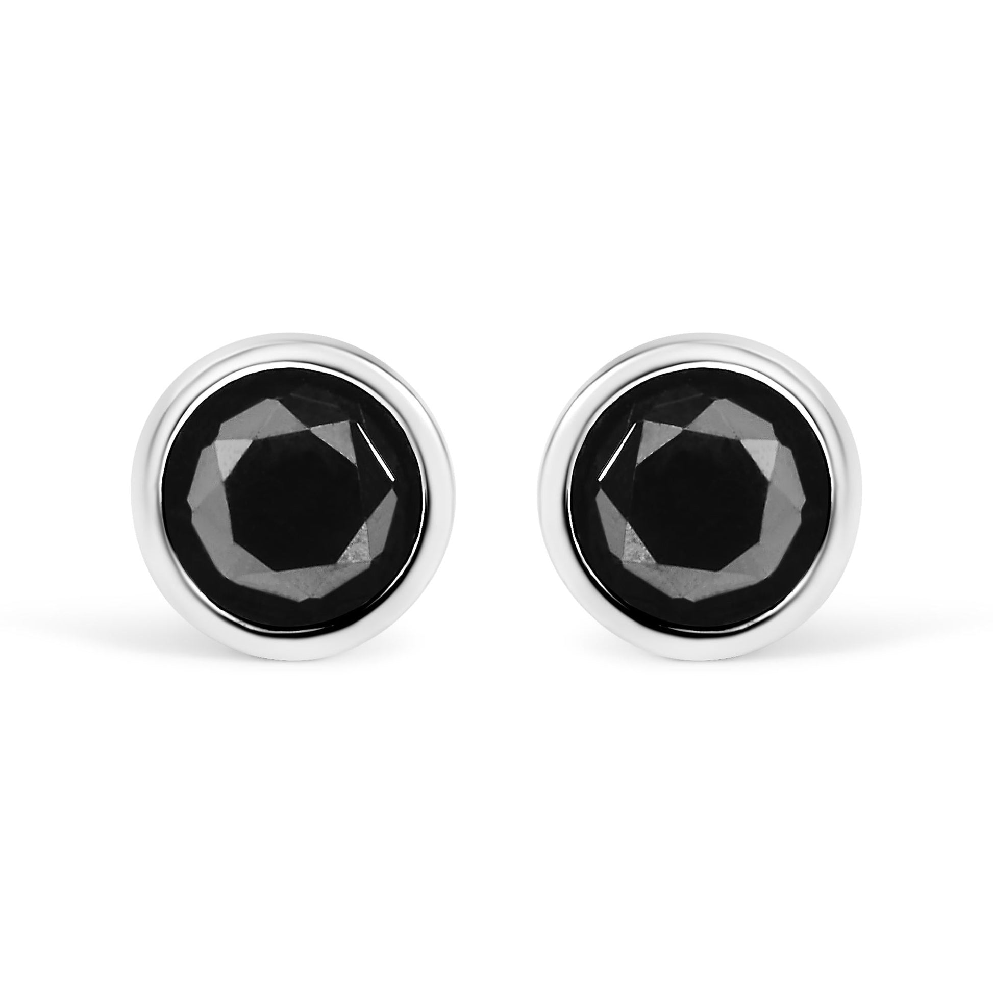 .925 Sterling Silver Round Brilliant-Cut Black Diamond Bezel-Set Stud Earrings with Screw Backs (Fancy Color-Enhanced, I2-I3 Clarity)-1