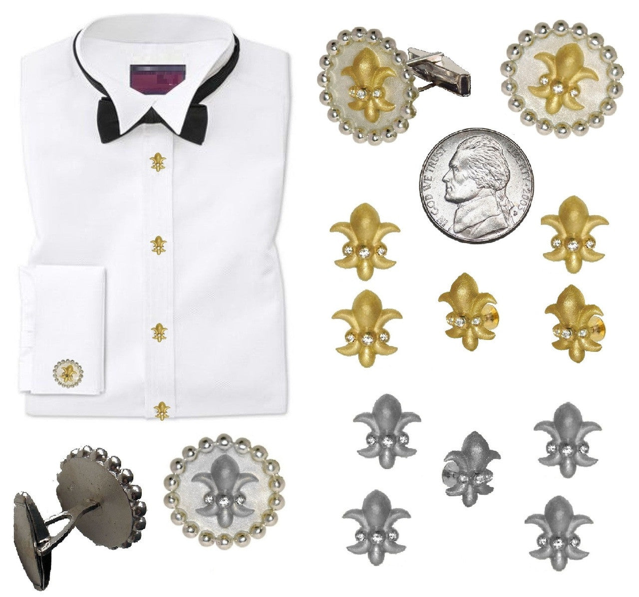 Fleur De Lis Tuxedo Shirt Studs: Diamonds in Sterling Silver-3