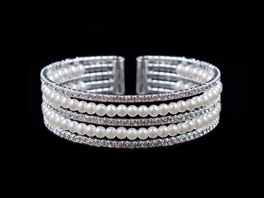 #16724 - 5 Row Pearl and Rhinestone Cuff Bracelet-0